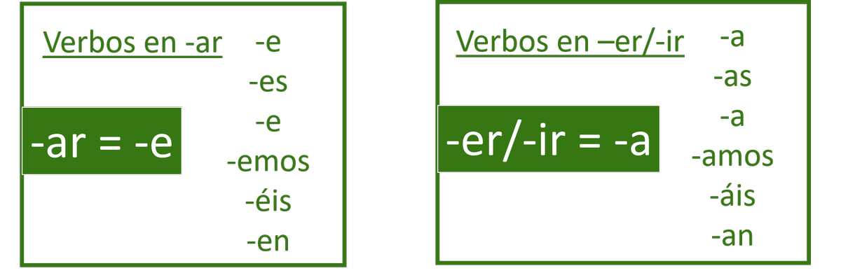 Las terminaciones del subjuntivo para verbos acabados en -ar, -er e -ir.